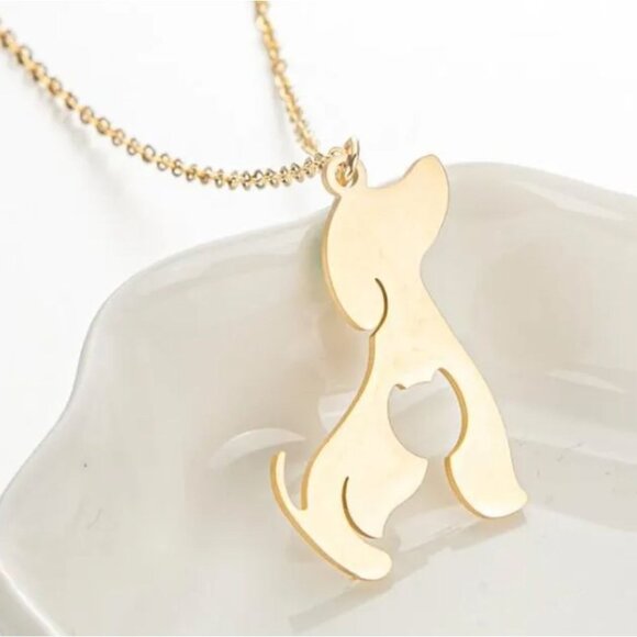 Stainless Steel Cat & Dog Pendant Necklace Gold Tone on Chain - Picture 1 of 1